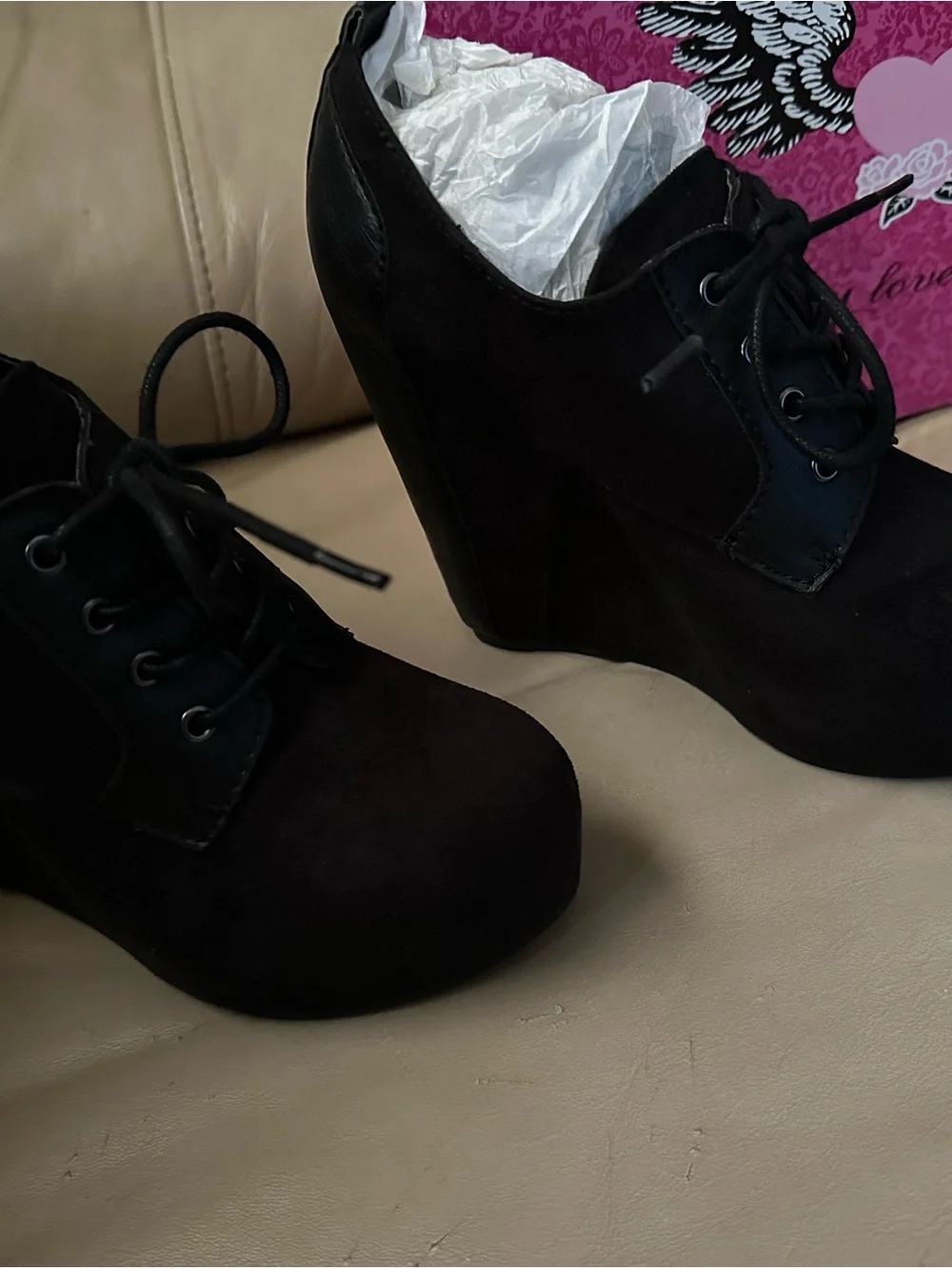 Penny Loves Kenny Mora Black Wedge Lace-Up Ankle Booties NIB
